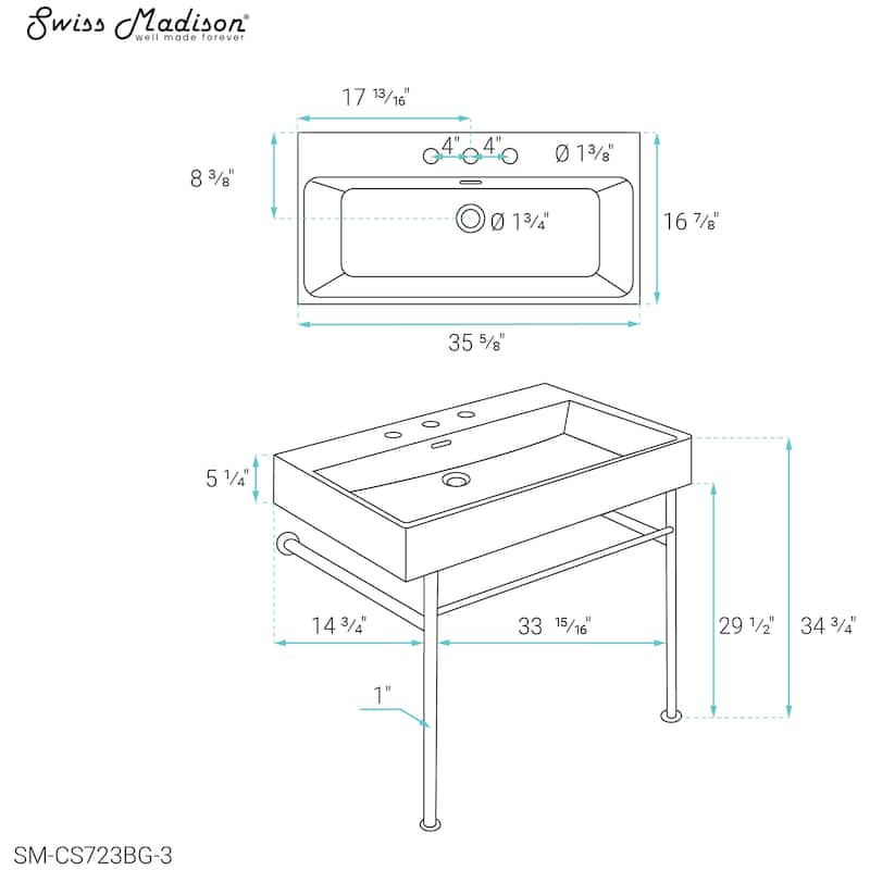 Carre 36" Console Sink White Basin Brushed Gold Legs With 8" Widespread Holes - 35" x 16" x 34.7"