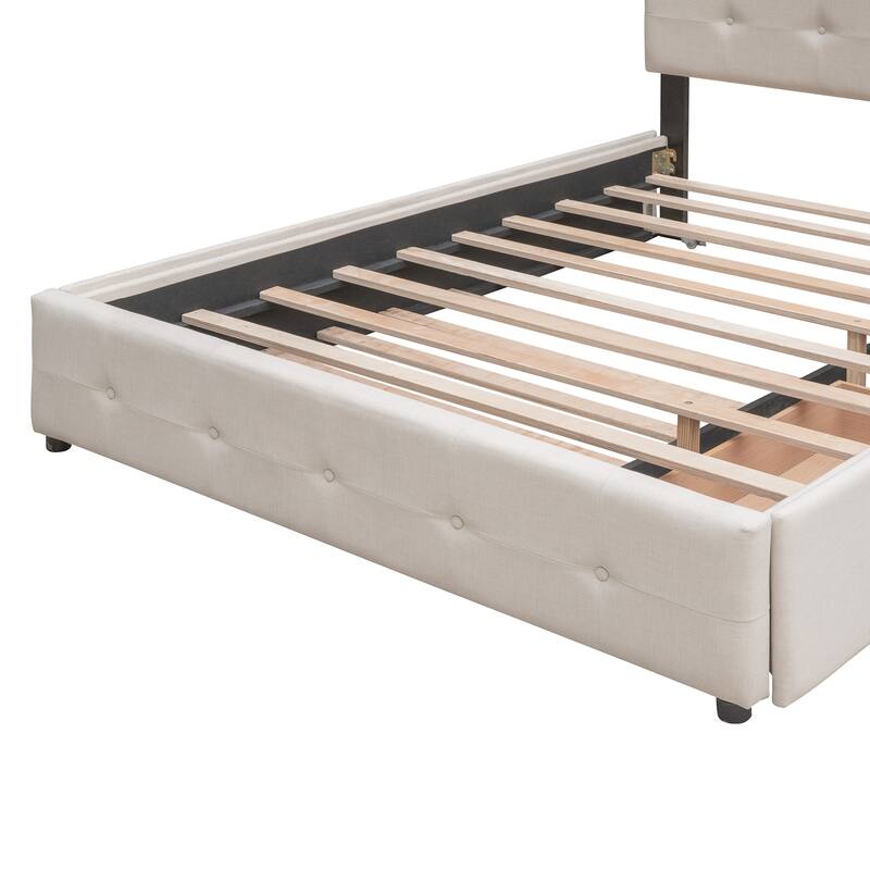 Queen Size Upholstered Platform Bed with Twin XL Trundle, Wooden Storage Bed Frame with 2 Drawers & Button Tufted Headboard