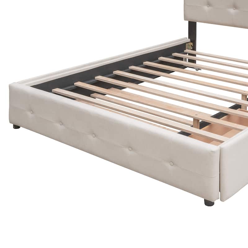 Upholstered Platform Bed with 2 Drawers and 1 Twin XL Trundle, Linen Fabric, Queen Size