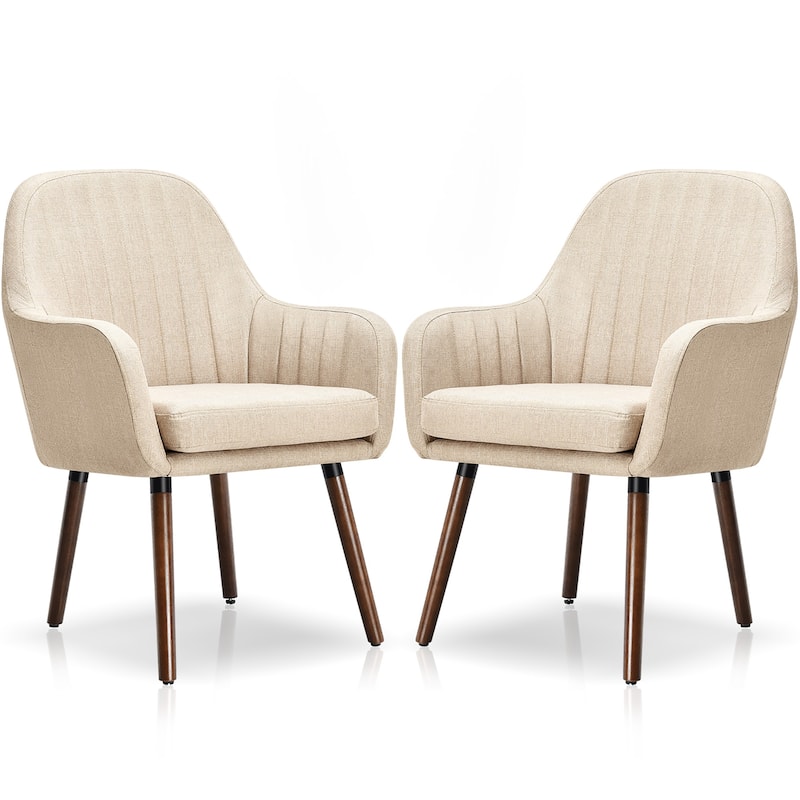Set of 2 Fabric Dining Chairs Upholstered Arm Chair with Wood Legs - Beige