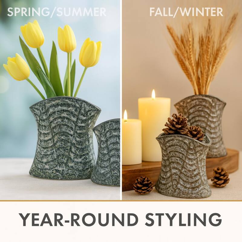 Set of Two Curved Cylinder Ceramic Vases Black and Gray Modern Home XL