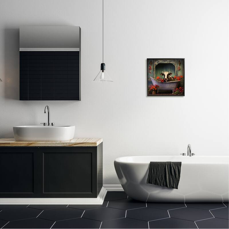 Stupell Cow in Vintage Floral Tub Framed Giclee Art Design by Lazar Studio