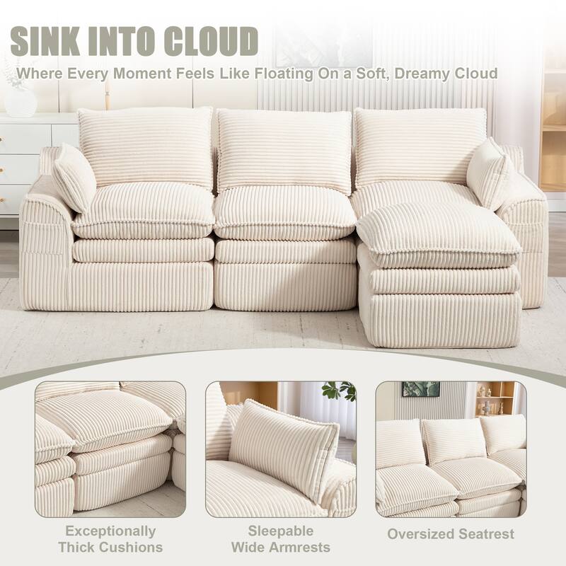 L Shaped Sectional Sofa Corduroy Upholstered Boneless Couches with Movable Footstool, With Three Pillows and Two Lumbar Pillows