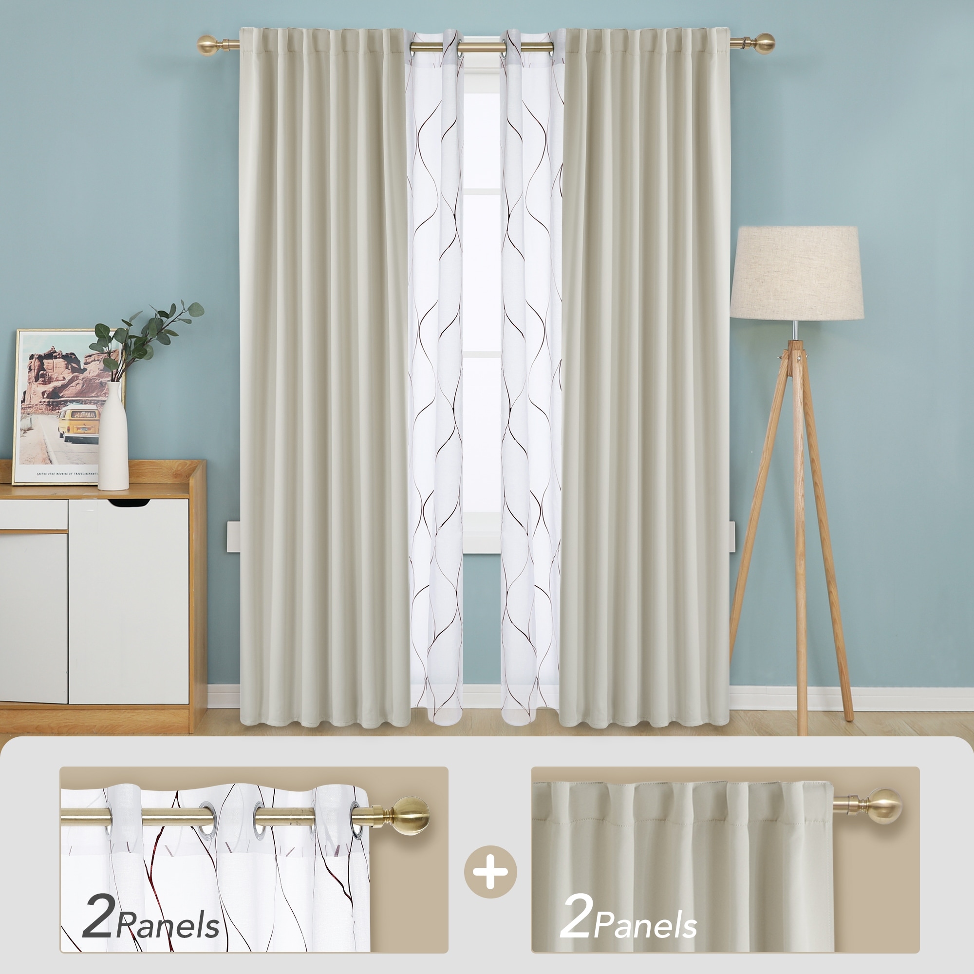 Deconovo Mix & Match Blackout and Bronze Print White Sheer 4 Piece Curtain Panel Set