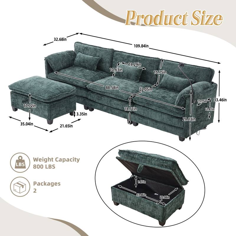 Modern Chenille Chaise Couch L-shaped Sectional Sofa with Storage Ottoman, Phone Holder, USB/Type-C Ports and Side Pockets