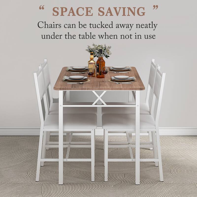 Javlergo 5-Piece White Frame Dining Set with Oak MDF Top PU Leather Chairs with Foam Padding Space Saving for Small Spaces