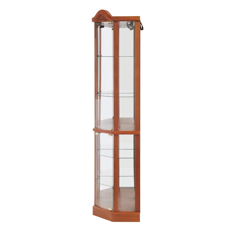Lighted Display Curio Cabinet, Corner Wooden China Cabinet, Wine Bar Cabinet with Tempered Glass Door & Adjustable Shelves