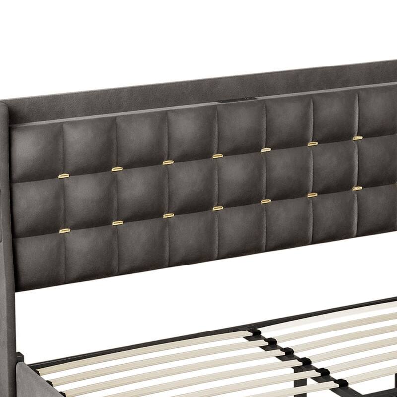 Moasis Queen/King Size Velvet Upholstered Bed with Charging Station and Storage Drawers