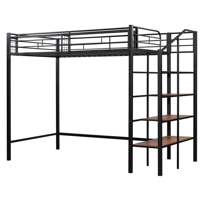 Twin Size Metal Loft Bed with Storage Shelf and Ladder, Black