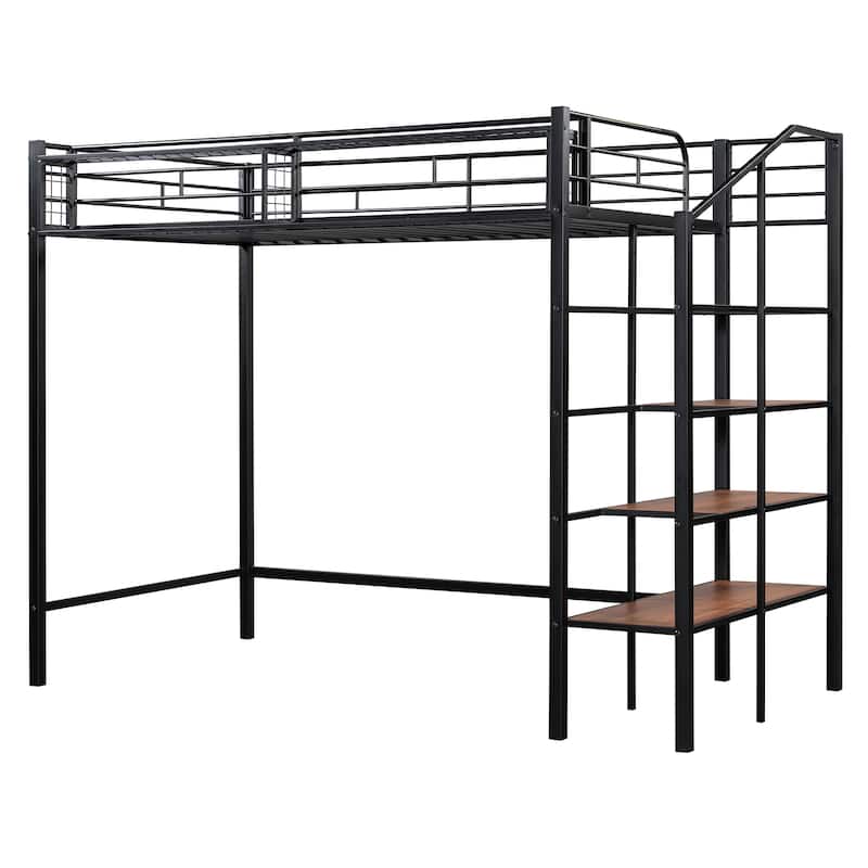 Twin Size Metal Loft Bed with Upper Grid Storage Shelf and Lateral Storage Ladder