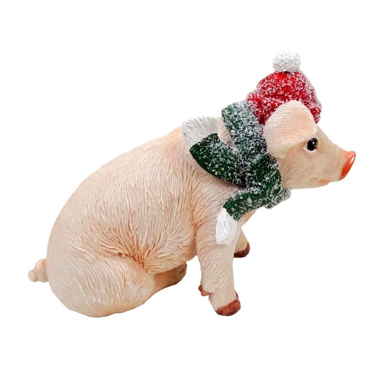 Pig Statue with Green Scarf and Snow Cap