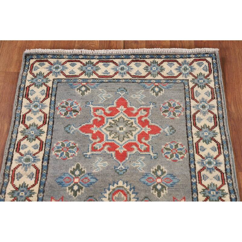 Geometric Grey Kazak Oriental Runner Rug Hand-Knotted Wool Carpet - 2'2" x 5'11"