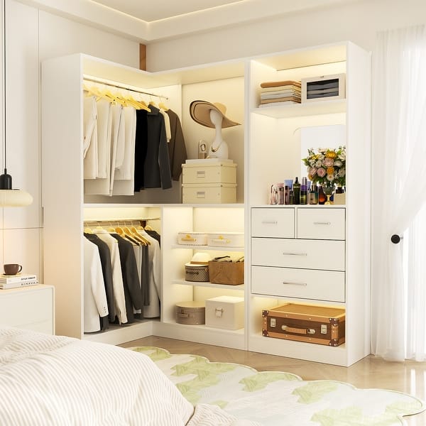 slide 2 of 21, Cimly Set of 2 Corner Closet System with Drawers, Closet Organizer with Hanging Rods and Storage Shelves White