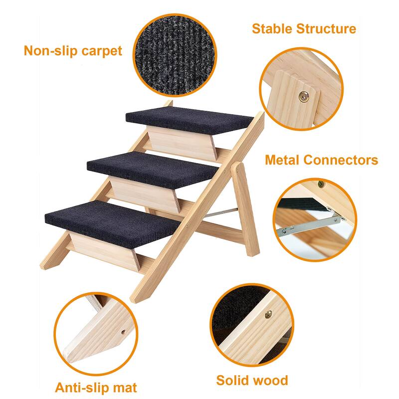 Pet Stairs Steps, Medium Dogs Steps for High Beds, Sofa, Couch, Car, 2-in-1 Foldable Wood Dog Ramp with Non-Slip Pads, Safety
