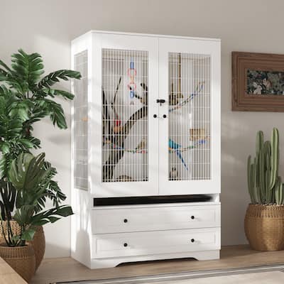 Spacious Indoor Bird Cage Cabinet with Drawers Large Parrot Habitat Bird Cage Furniture - 38.5”x63"