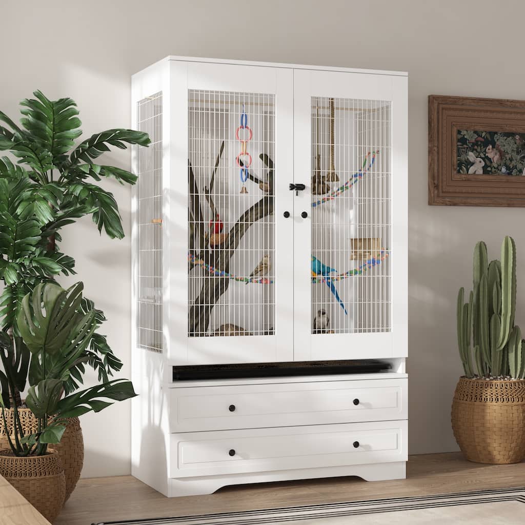 Spacious Indoor Bird Cage Cabinet with Drawers Large Parrot Habitat Bird Cage Furniture - 38.5”x63"