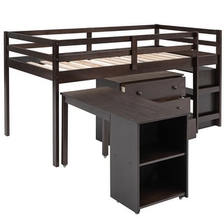 Espresso Low Study Twin Loft Bed with Cabinet and Rolling Portable Desk ...