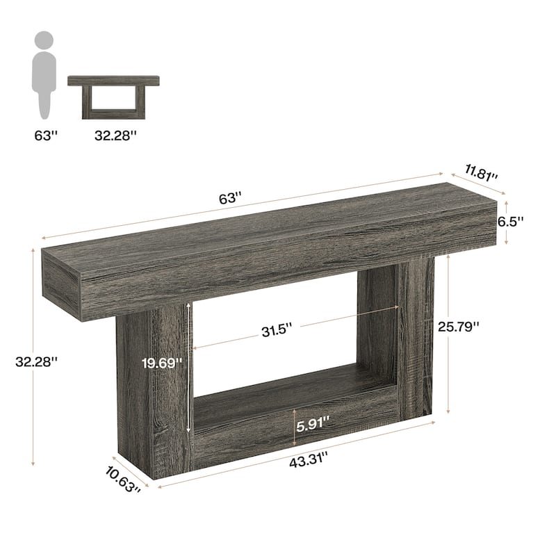 63 Inches Brown and Gray Narrow Long Wood Console Table for Entryway