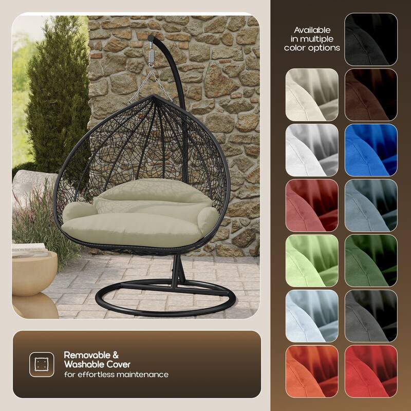 2-Person Outdoor Hanging Egg Chair with Teardrop Frame, Weather-Resistant Cotton Cushioned Seat for Patio and Indoor Use