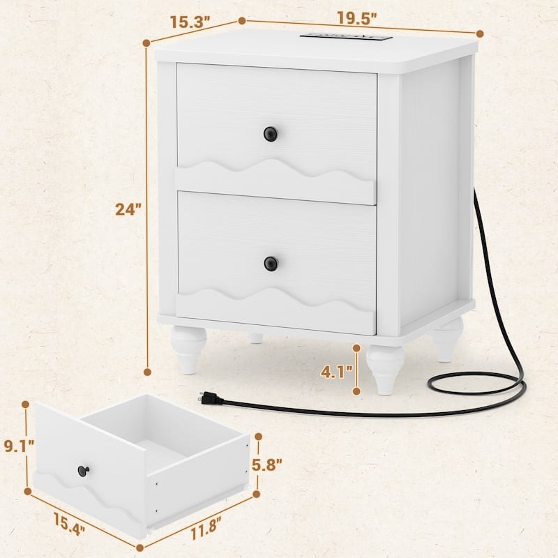 Modern Nightstand with Charging Station, Side End Table with 2 Drawers
