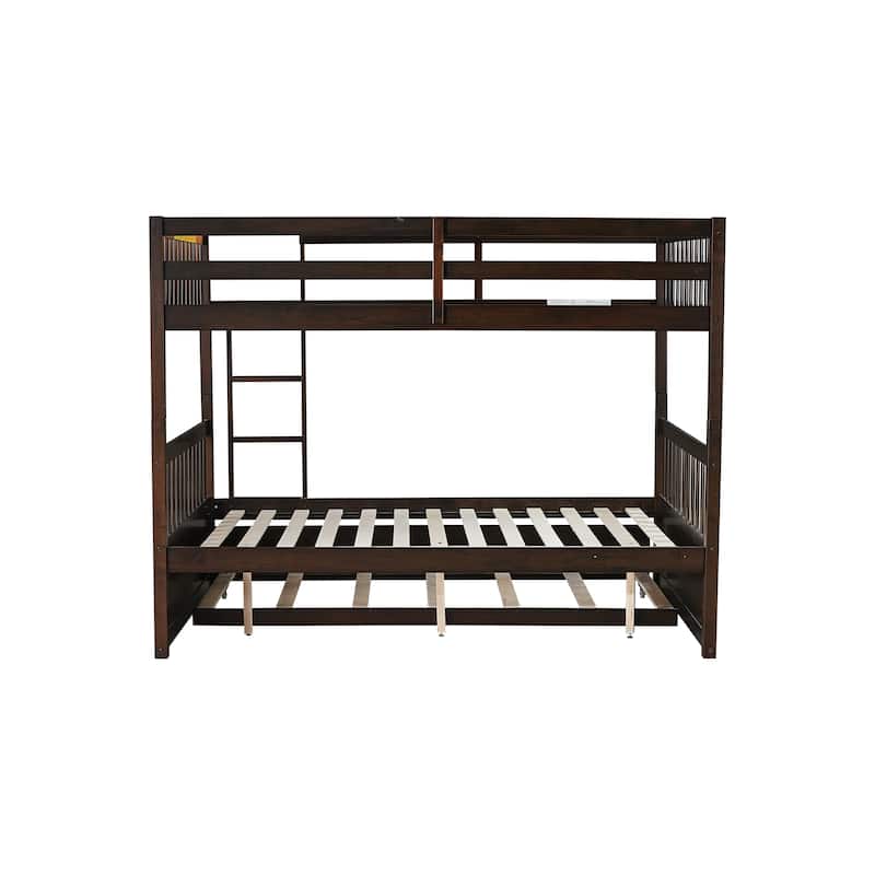 Full Over Full Rubber Wood Bunk Bed with Trundle, Ladder and Guardrails, Convertible to 2 Full Size Beds, with Twin Size Trundle