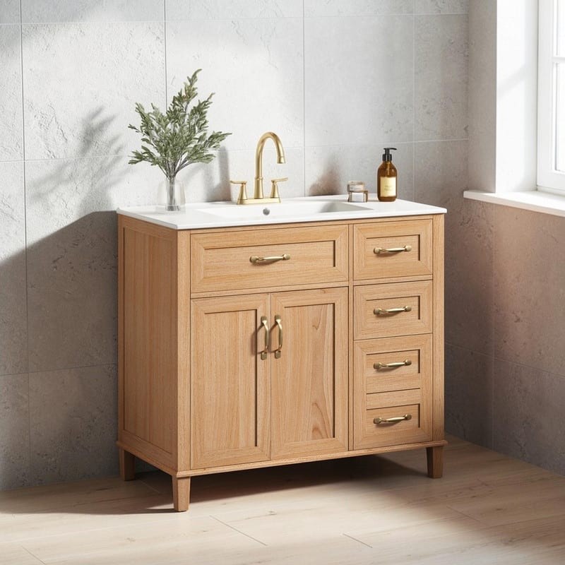 36 Inch Bathroom Vanity with Ceramic Sink, Modern Wood Grain Cabinet with Solid Rubberwood Legs, Soft-Close Doors & 4 Drawers