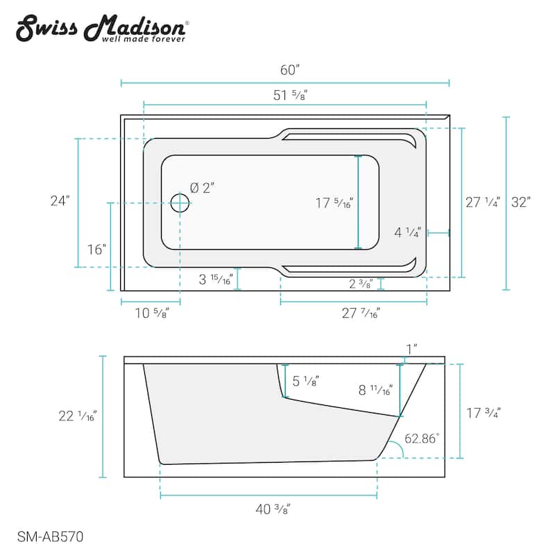 Claire 60" x 32" Left-Hand Drain Drain Alcove Tub with Corner Apron