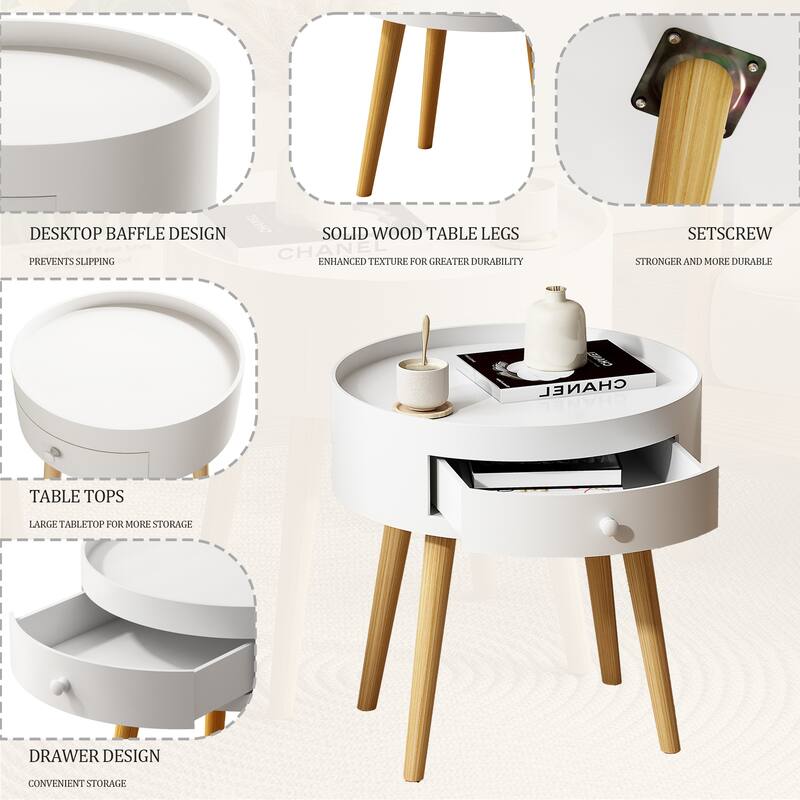 Anmytek Oak Legs Nightstand with Storage Drawer Bedside Side Table Bedroom Living Room