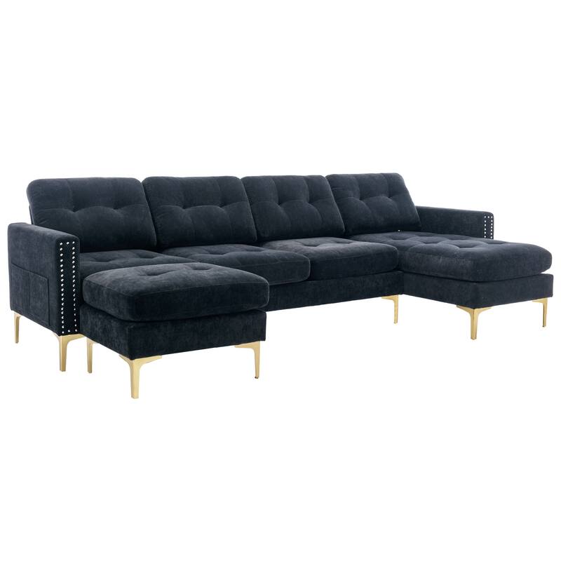 L Shaped Convertible Sectional Sofa with Ottoman, Velvet Fabric 5 Seater Sofa, Upholstered Sofa with Chaise & Storage Pockets