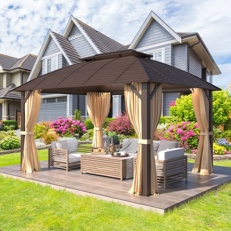 Pro Series Outdoor Hardtop Gazebo Pergola | Galvanized Steel Roof & Aluminum Frame | Includes Premium Curtains & Netting - 10'x13' - Double Roof