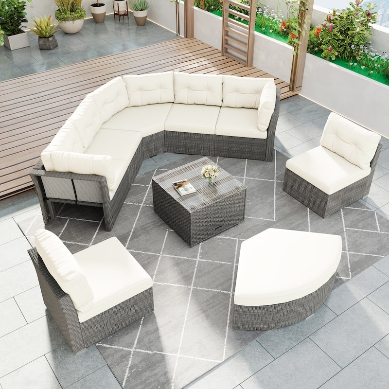 Rattan Sectional Outdoor Furniture Set with Cushions Modular Daybed Iron Frame for Patio Garden Use