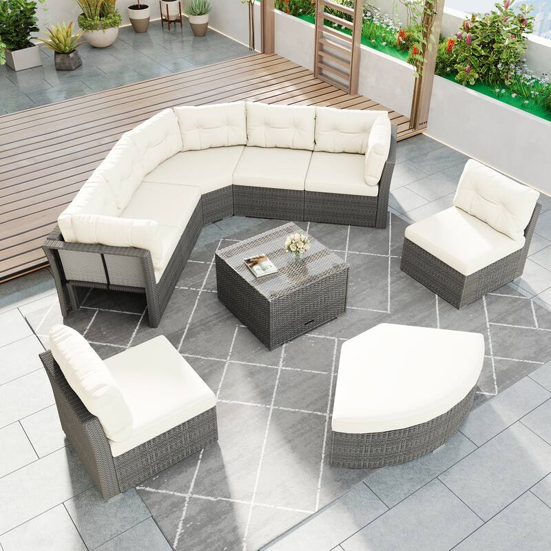 Roomfitters Outdoor Rattan Sectional Daybed Furniture Set with Cushions & Center Table for Patio