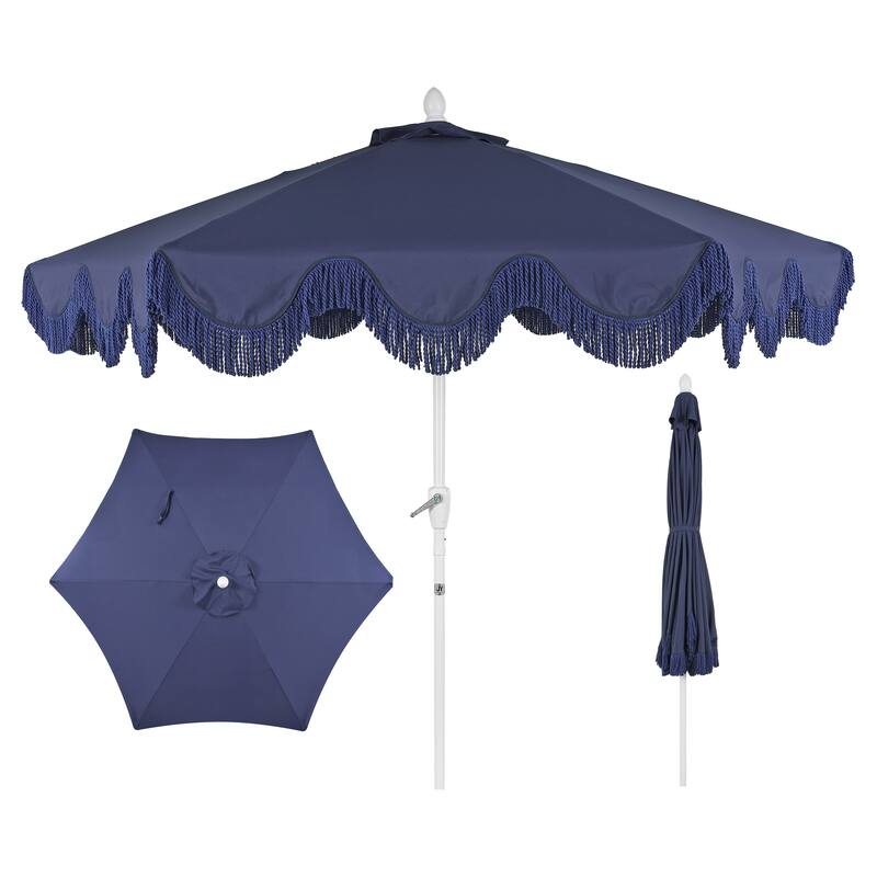 9ft Tassel Patio Umbrella Auto-Tilt, Crank , by JONATHAN Y