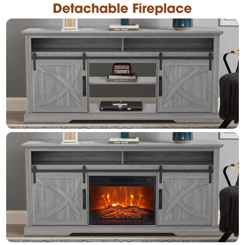 68" Farmhouse Sliding Barn Door Fireplace TV Stands Console Table with 23" Electric Fireplace