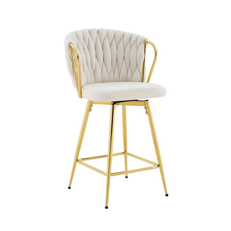 Set of 2 Modern Velvet Braided Bar Stools with Metal Frame & Woven Rope Backrest - Beige