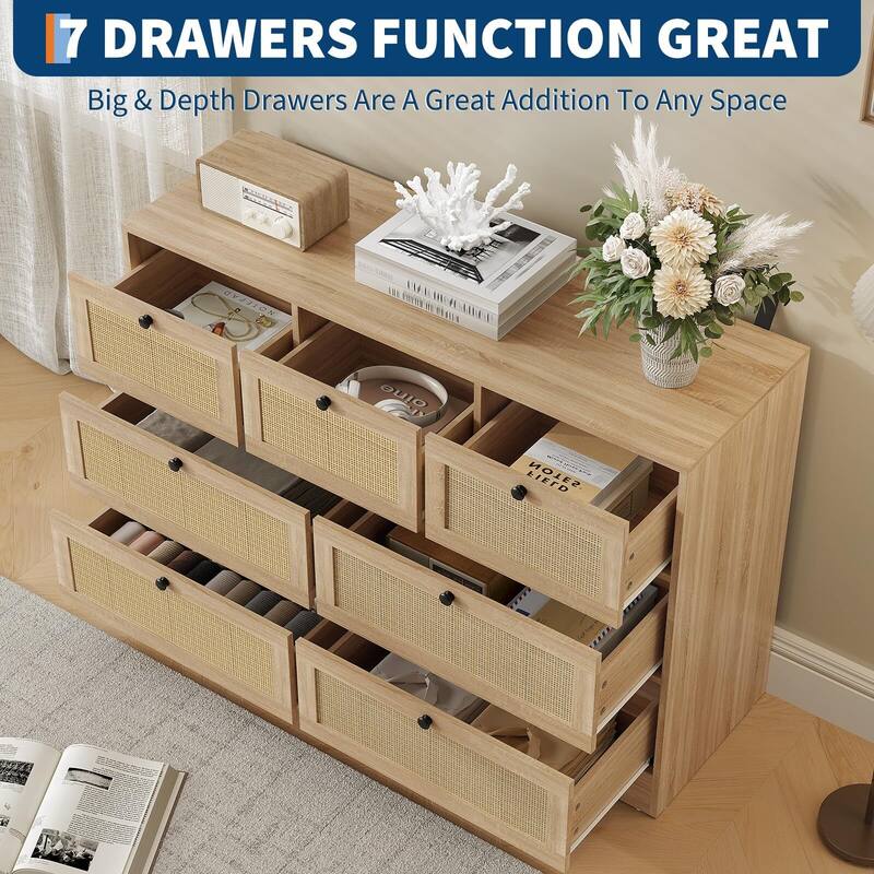 Rattan 7 Drawer Dresser for Bedroom, Farmhouse Modern Dressers & Chests