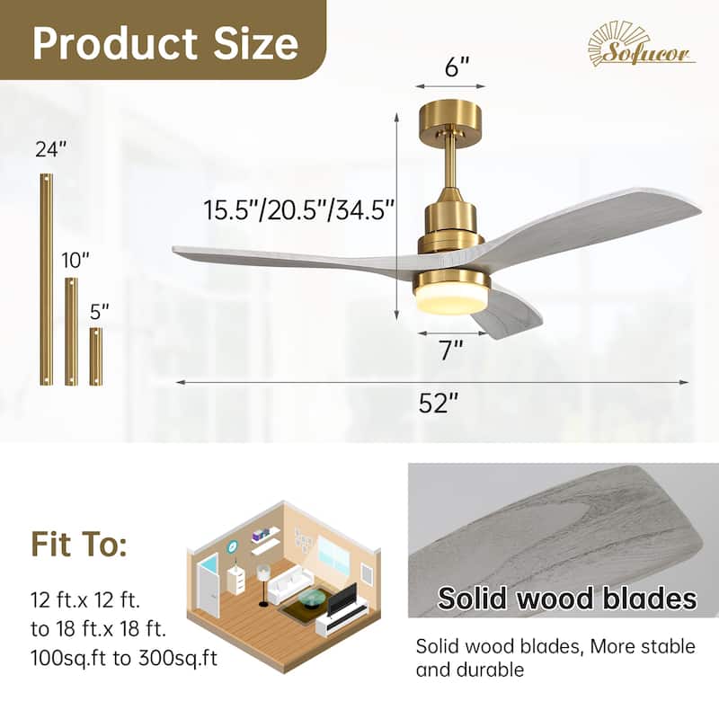 52" Solid Wood Noiseless 3-Blade Ceiling Fans with Dimmable LED Light Optional and Remote, 6-Speed Reversible DC Motor