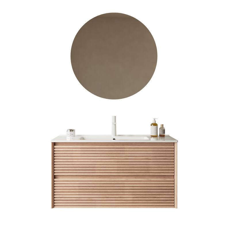 30" Bathroom Vanity with White Ceramic Sink, Natural Walnut Plywood Cabinet, 2 Spacious Drawers
