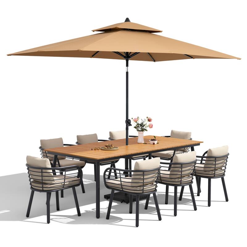 11-Piece Outdoor Patio Dining Set with Sunbrella Cushion Aluminum Dining Table and Chairs w/10 ft Umbrella and Base with Wheels