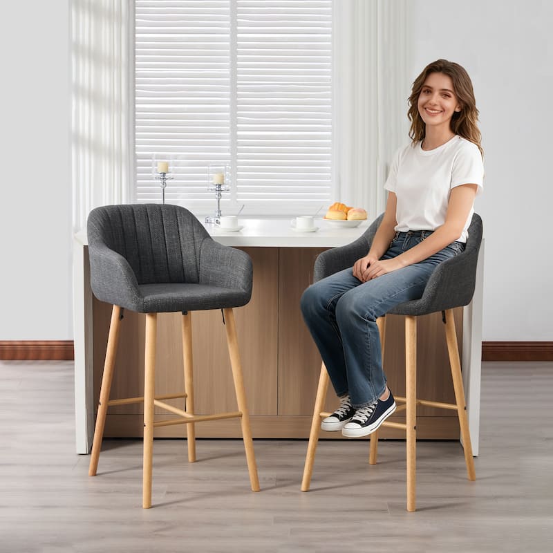 Modern Bar Stools Set of 2, Kitchen Island Tall Chairs with Back, Arm, Footrest and Solid Wood Leg, Upholstered Bar Stools