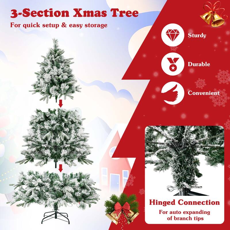 Costway 6/7 FT Pre-Lit Flocked Christmas Tree Hinged Xmas Decoration