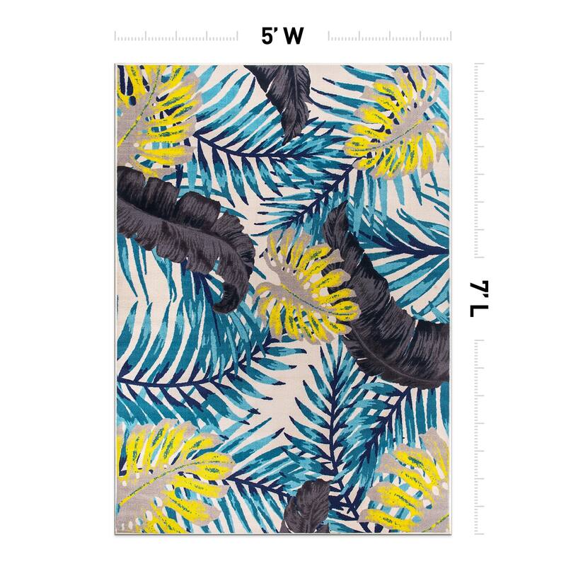 Contemporary Tropical Floral Leaves Non Slip Area Rug