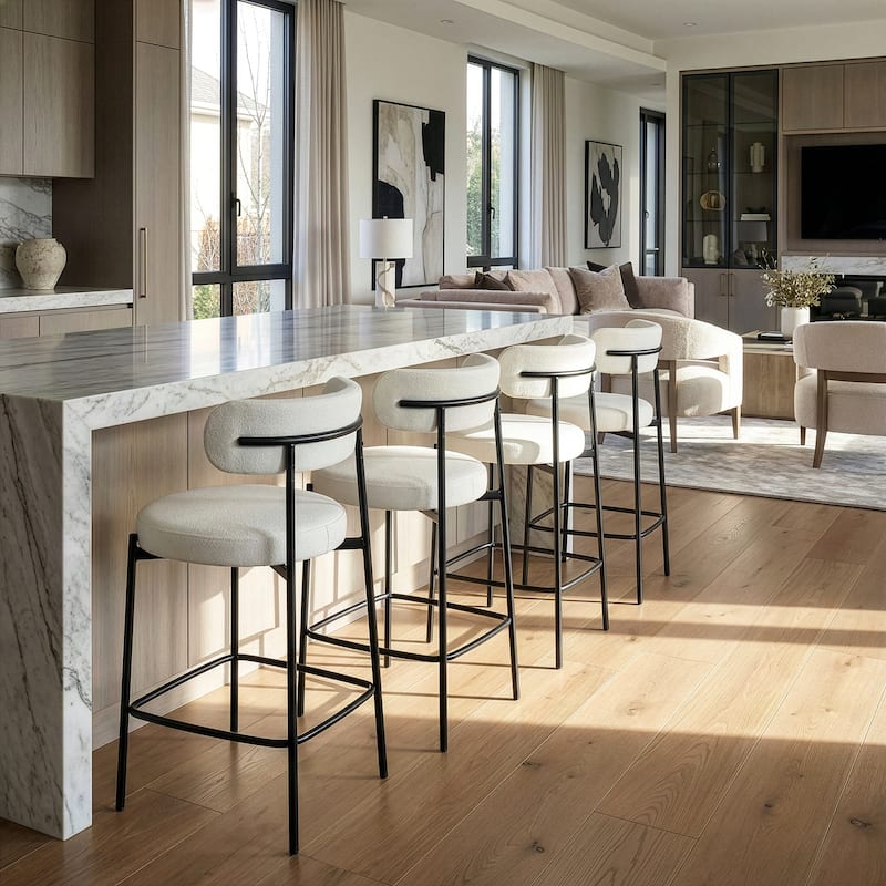 Set of 2 Awen White Boucle Counter Stool with Black Legs