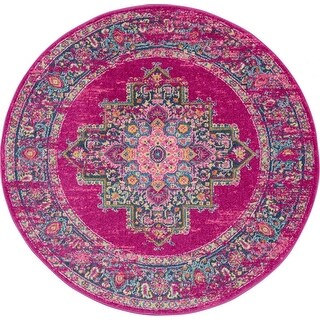 5' Round Fuchsia and Blue Distressed Area Rug - 3'6