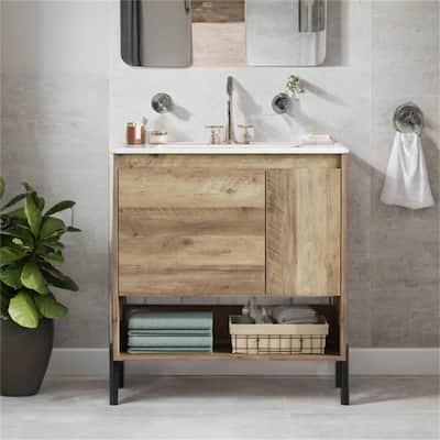 30" Wood Bathroom Vanity with Sliding Drawer,Ceramic Basin Sink Top