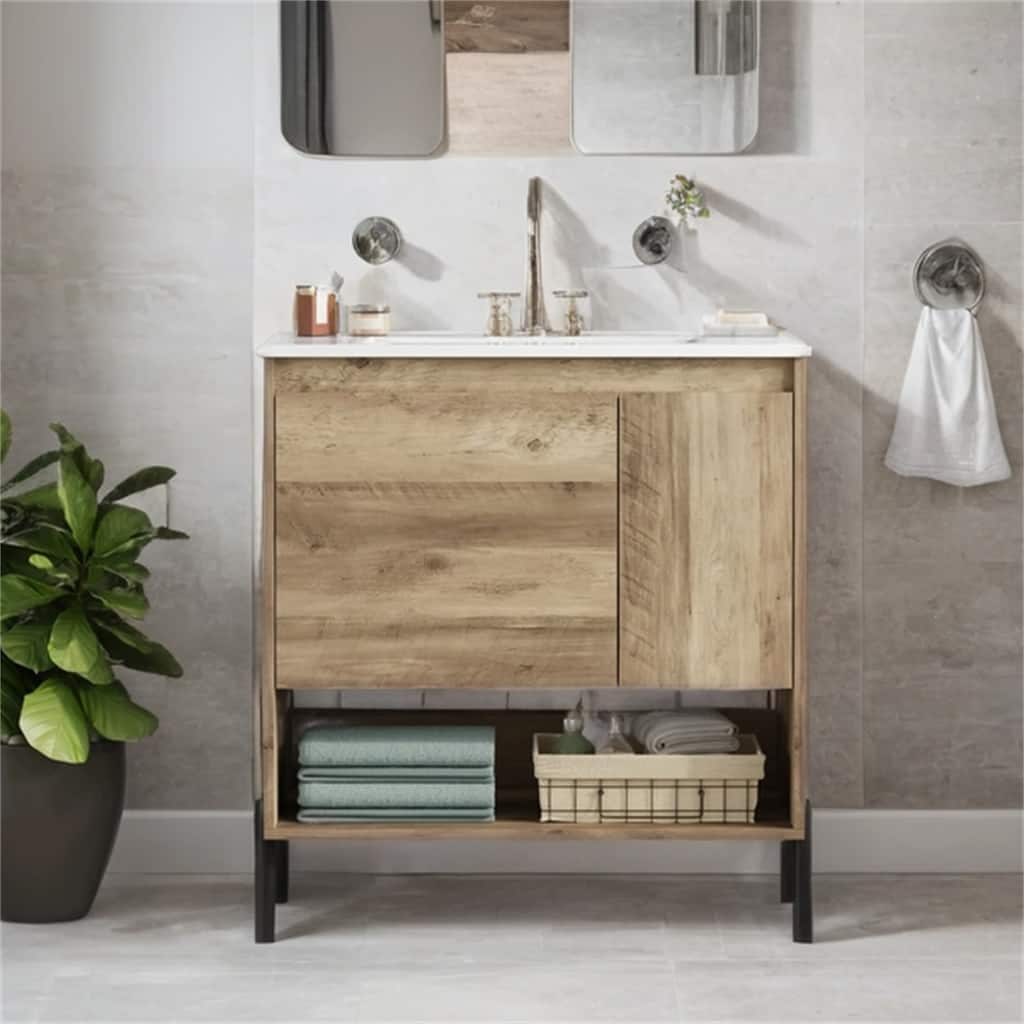 30" Wood Bathroom Vanity with Sliding Drawer,Ceramic Basin Sink Top