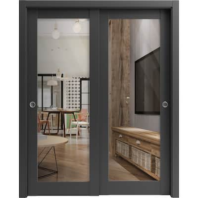 Sliding Closet Bypass Doors 36 x 80 inches | Lucia 2166 Matte Black Clear Glass