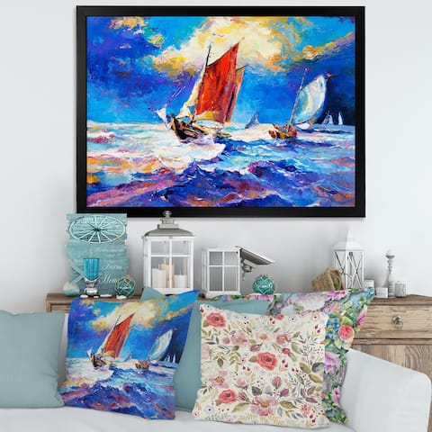 Designart 'Sailships on The Ocean Waves During Sunset' Nautical & Coastal Framed Art Print