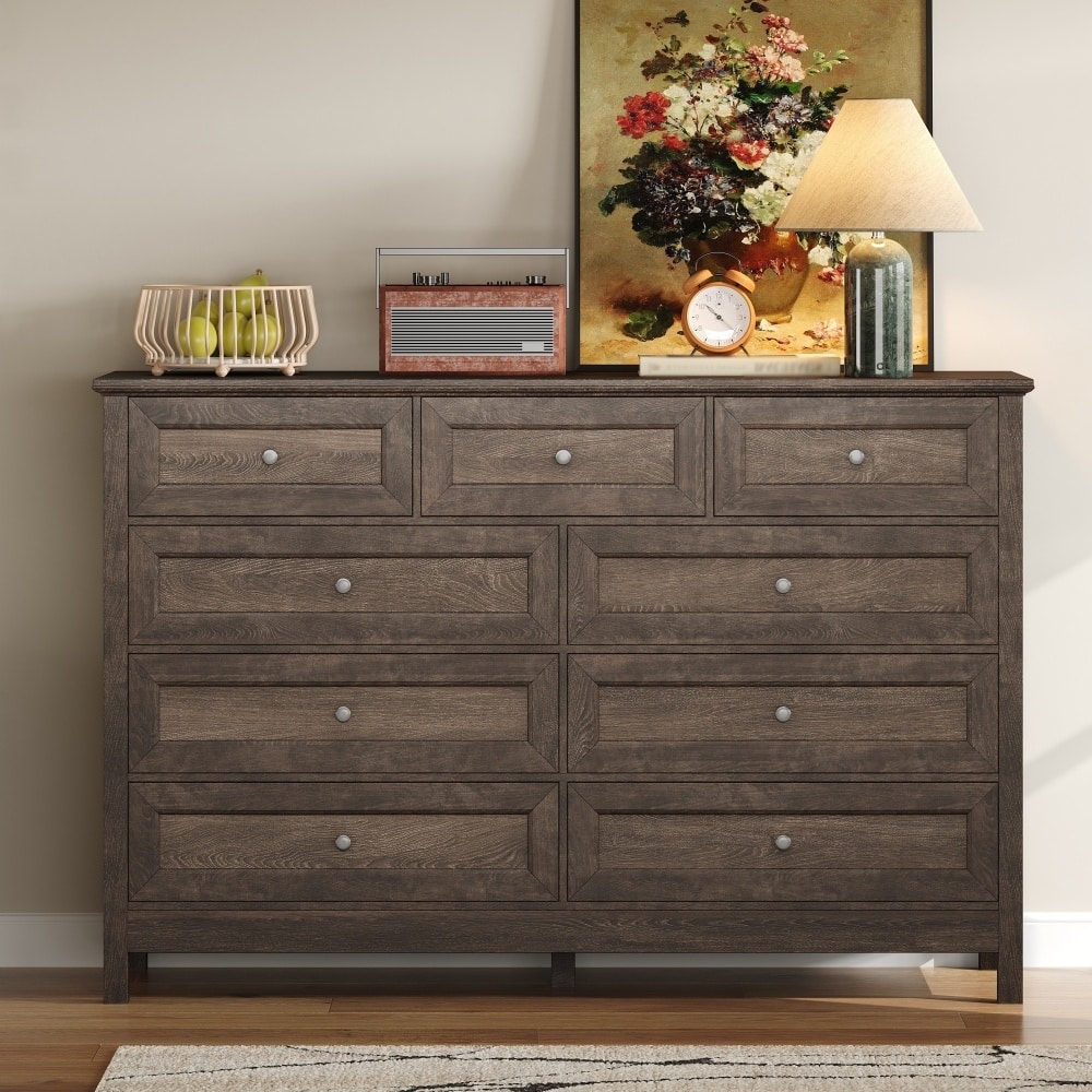 55.04" Farmhouse 9-Drawer Wood Storage Dresser with Silver Handle