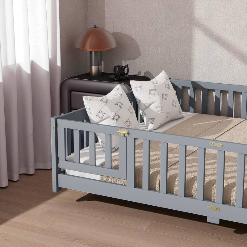 Queen Size Rubber Wood Floor Bed with Fence and Door, Montessori Platform Bed with Safety Guardrails for Kids
